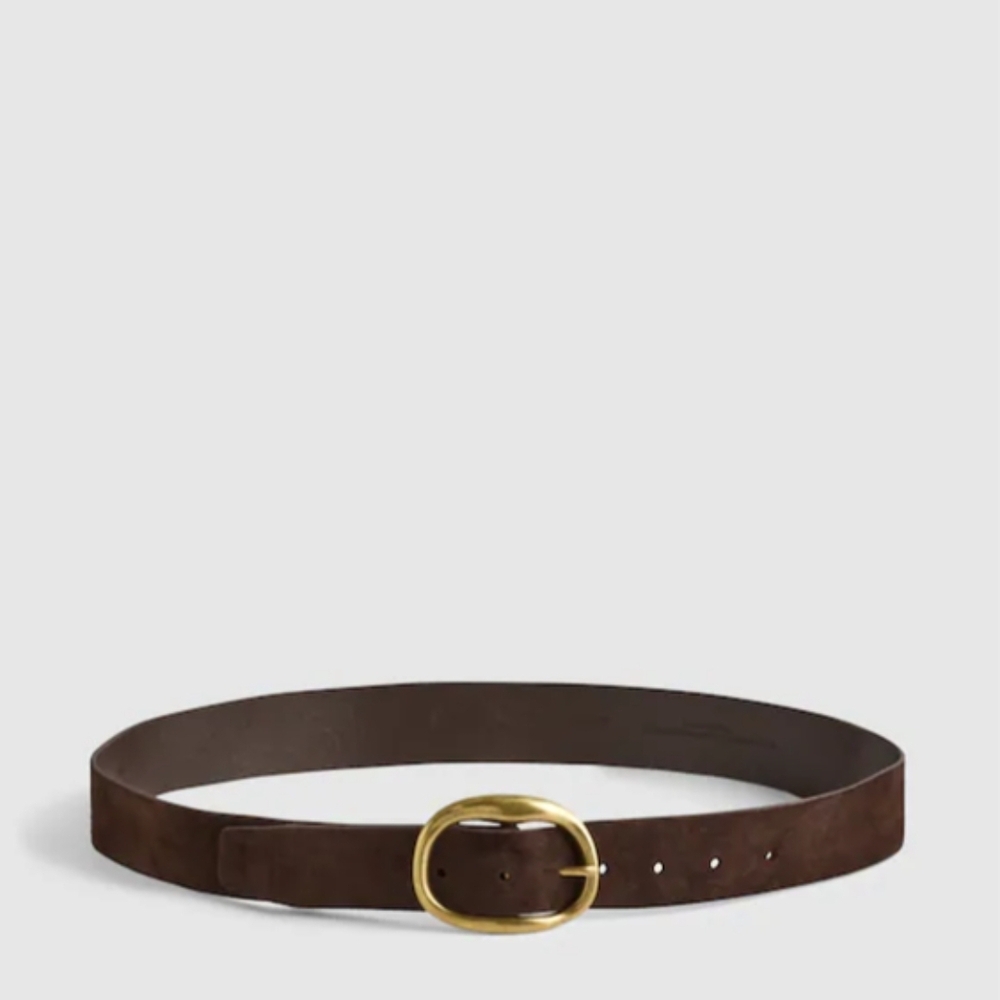 Madewell Dark Brown Suede Belt with Gold Oval Buckle